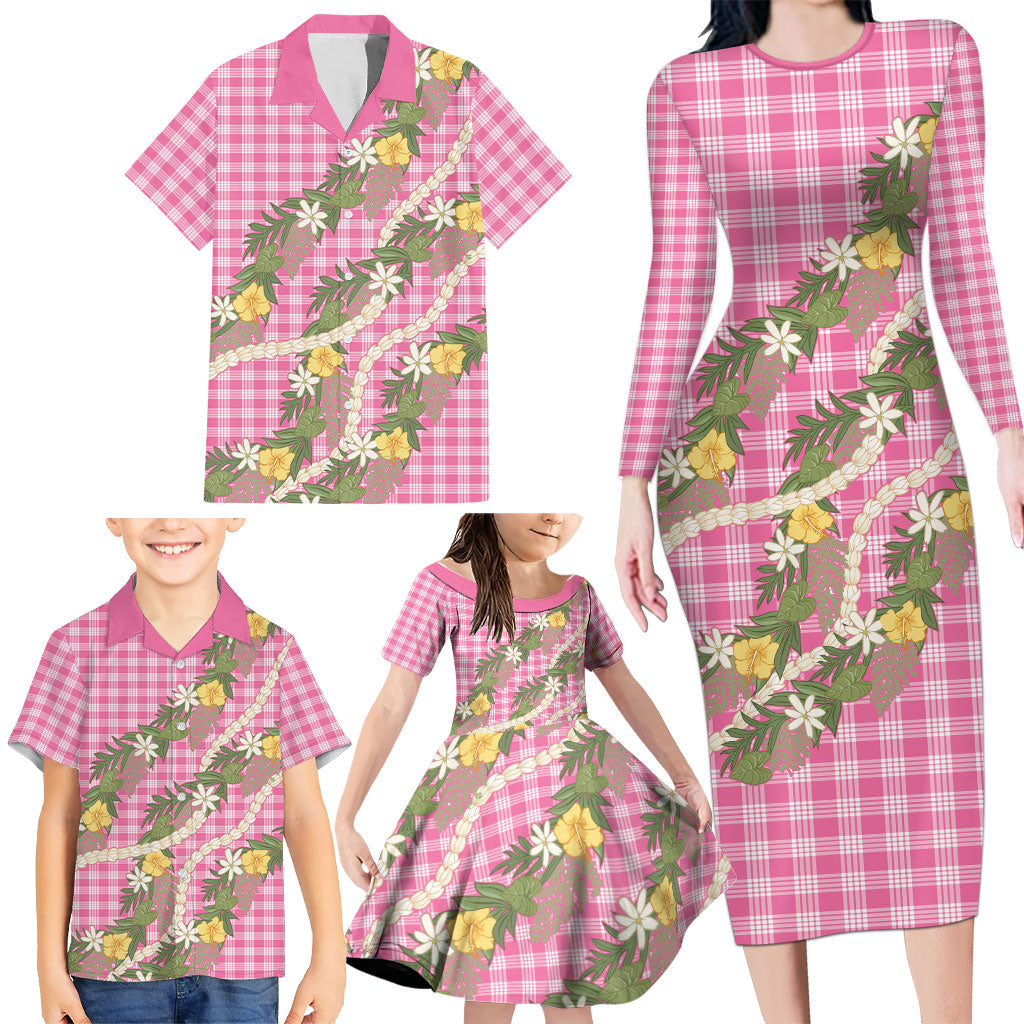 Aloha Puakenikeni Anthurium Pikake Lei Family Matching Long Sleeve Bodycon Dress and Hawaiian Shirt Tropical Pink Hawaiian Palaka Pattern
