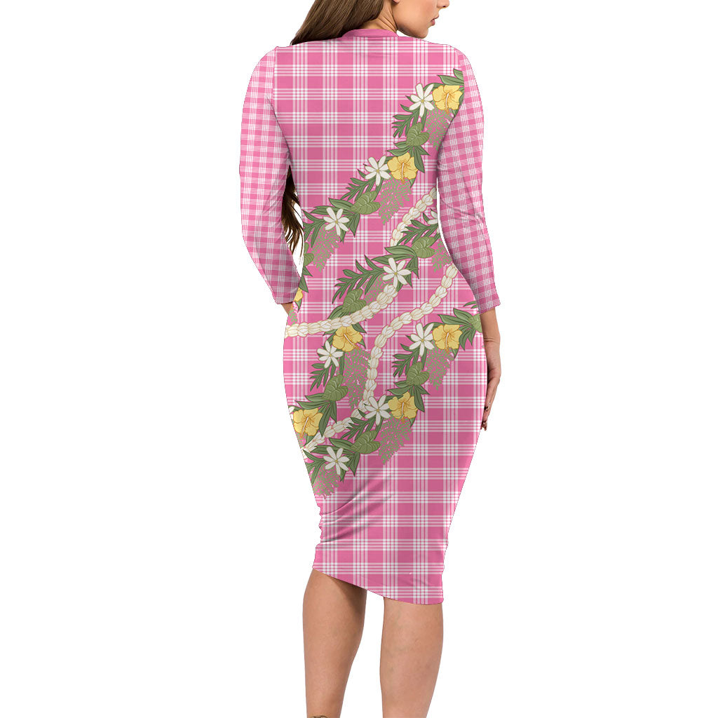 Aloha Puakenikeni Anthurium Pikake Lei Family Matching Long Sleeve Bodycon Dress and Hawaiian Shirt Tropical Pink Hawaiian Palaka Pattern