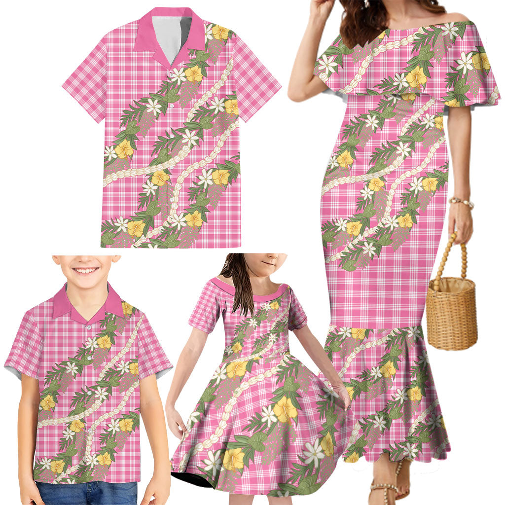 Aloha Puakenikeni Anthurium Pikake Lei Family Matching Mermaid Dress and Hawaiian Shirt Tropical Pink Hawaiian Palaka Pattern