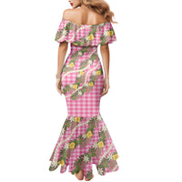 Aloha Puakenikeni Anthurium Pikake Lei Family Matching Mermaid Dress and Hawaiian Shirt Tropical Pink Hawaiian Palaka Pattern