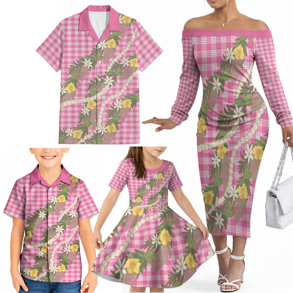 Aloha Puakenikeni Anthurium Pikake Lei Family Matching Off The Shoulder Long Sleeve Dress and Hawaiian Shirt Tropical Pink Hawaiian Palaka Pattern LT9 - Polynesian Pride
