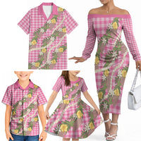 Aloha Puakenikeni Anthurium Pikake Lei Family Matching Off The Shoulder Long Sleeve Dress and Hawaiian Shirt Tropical Pink Hawaiian Palaka Pattern LT9 - Polynesian Pride