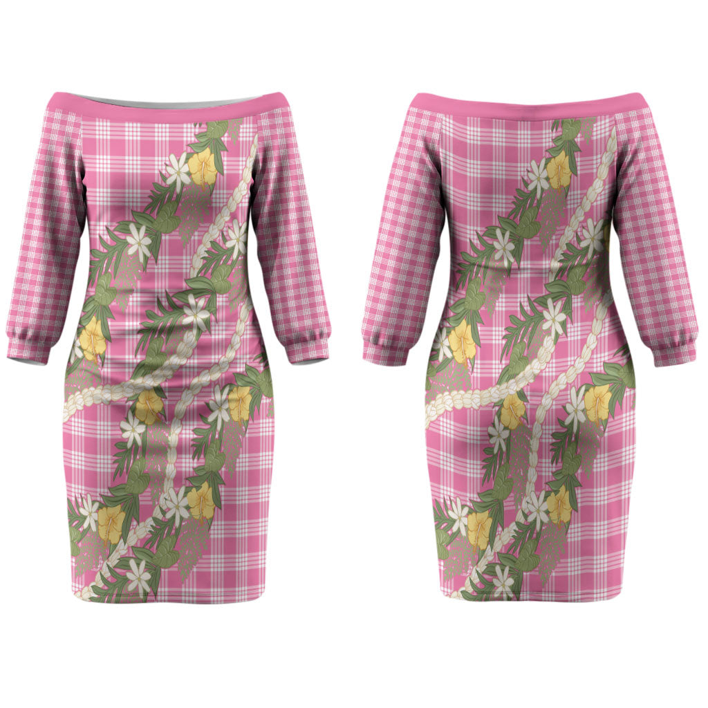 Aloha Puakenikeni Anthurium Pikake Lei Family Matching Off The Shoulder Long Sleeve Dress and Hawaiian Shirt Tropical Pink Hawaiian Palaka Pattern LT9 Mom's Dress Pink - Polynesian Pride
