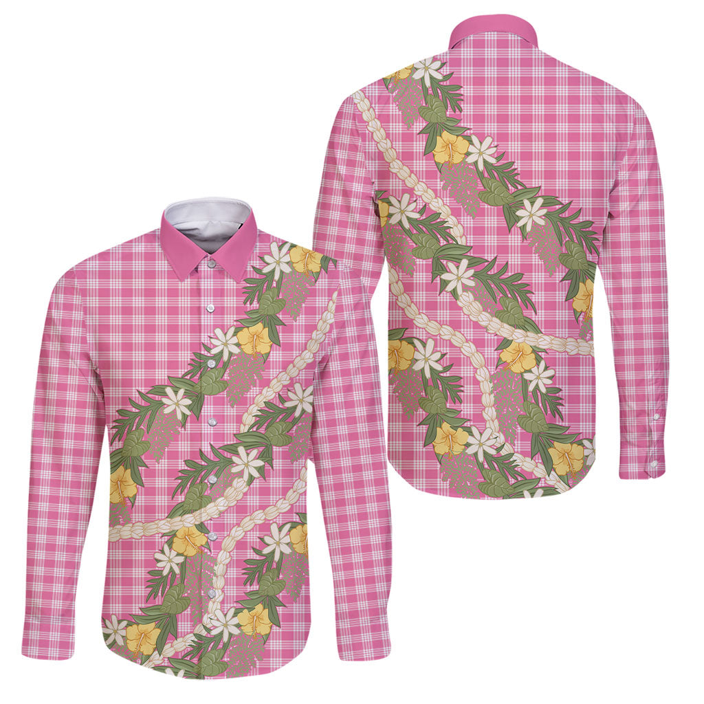 Aloha Puakenikeni Anthurium Pikake Lei Family Matching Off The Shoulder Long Sleeve Dress and Hawaiian Shirt Tropical Pink Hawaiian Palaka Pattern LT9 Dad's Shirt - Long Sleeve Pink - Polynesian Pride