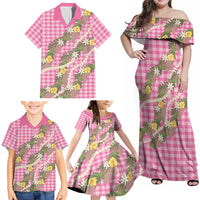 Aloha Puakenikeni Anthurium Pikake Lei Family Matching Off Shoulder Maxi Dress and Hawaiian Shirt Tropical Pink Hawaiian Palaka Pattern