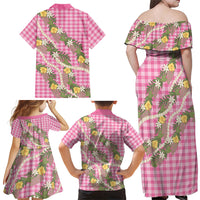 Aloha Puakenikeni Anthurium Pikake Lei Family Matching Off Shoulder Maxi Dress and Hawaiian Shirt Tropical Pink Hawaiian Palaka Pattern