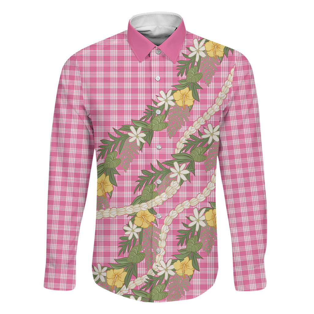 Aloha Puakenikeni Anthurium Pikake Lei Family Matching Off Shoulder Maxi Dress and Hawaiian Shirt Tropical Pink Hawaiian Palaka Pattern