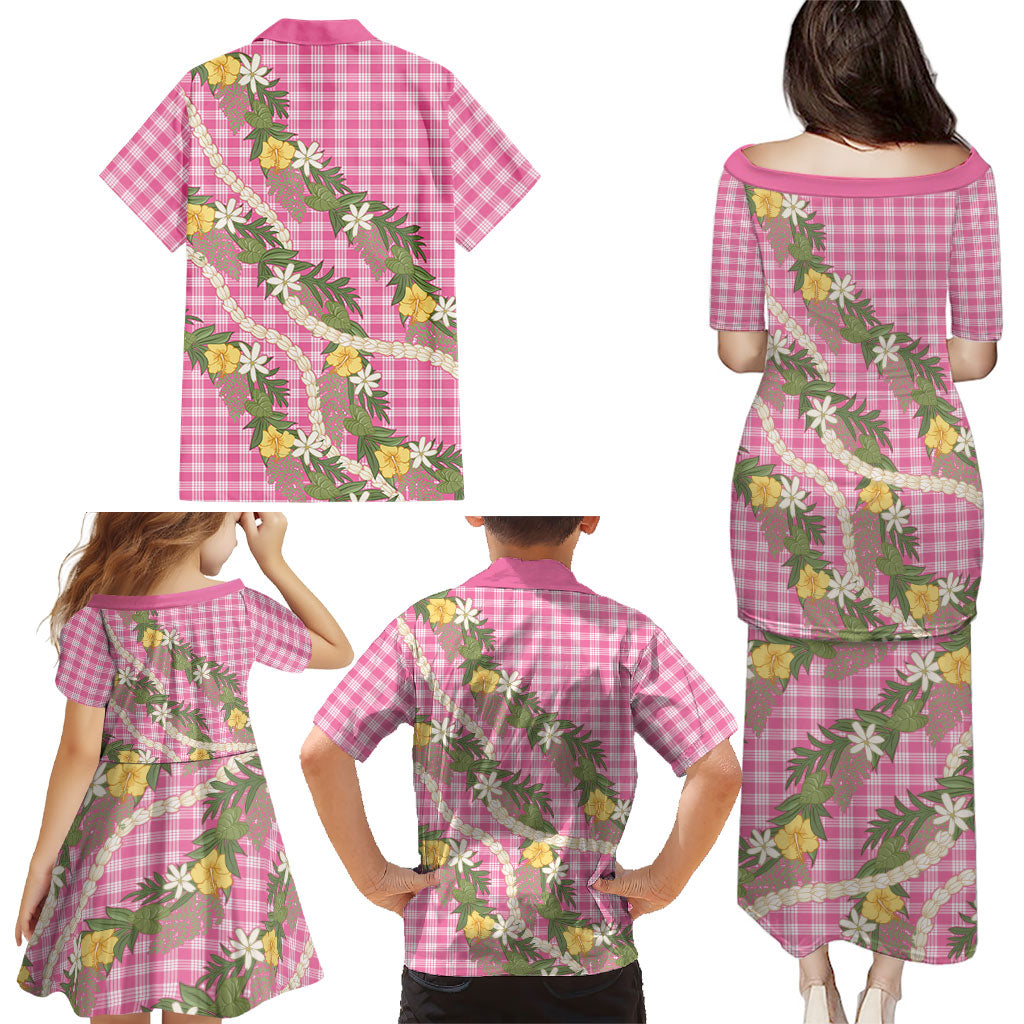Aloha Puakenikeni Anthurium Pikake Lei Family Matching Puletasi and Hawaiian Shirt Tropical Pink Hawaiian Palaka Pattern