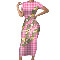 Aloha Puakenikeni Anthurium Pikake Lei Family Matching Short Sleeve Bodycon Dress and Hawaiian Shirt Tropical Pink Hawaiian Palaka Pattern