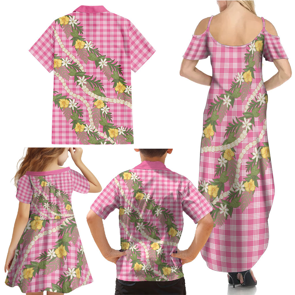 Aloha Puakenikeni Anthurium Pikake Lei Family Matching Summer Maxi Dress and Hawaiian Shirt Tropical Pink Hawaiian Palaka Pattern