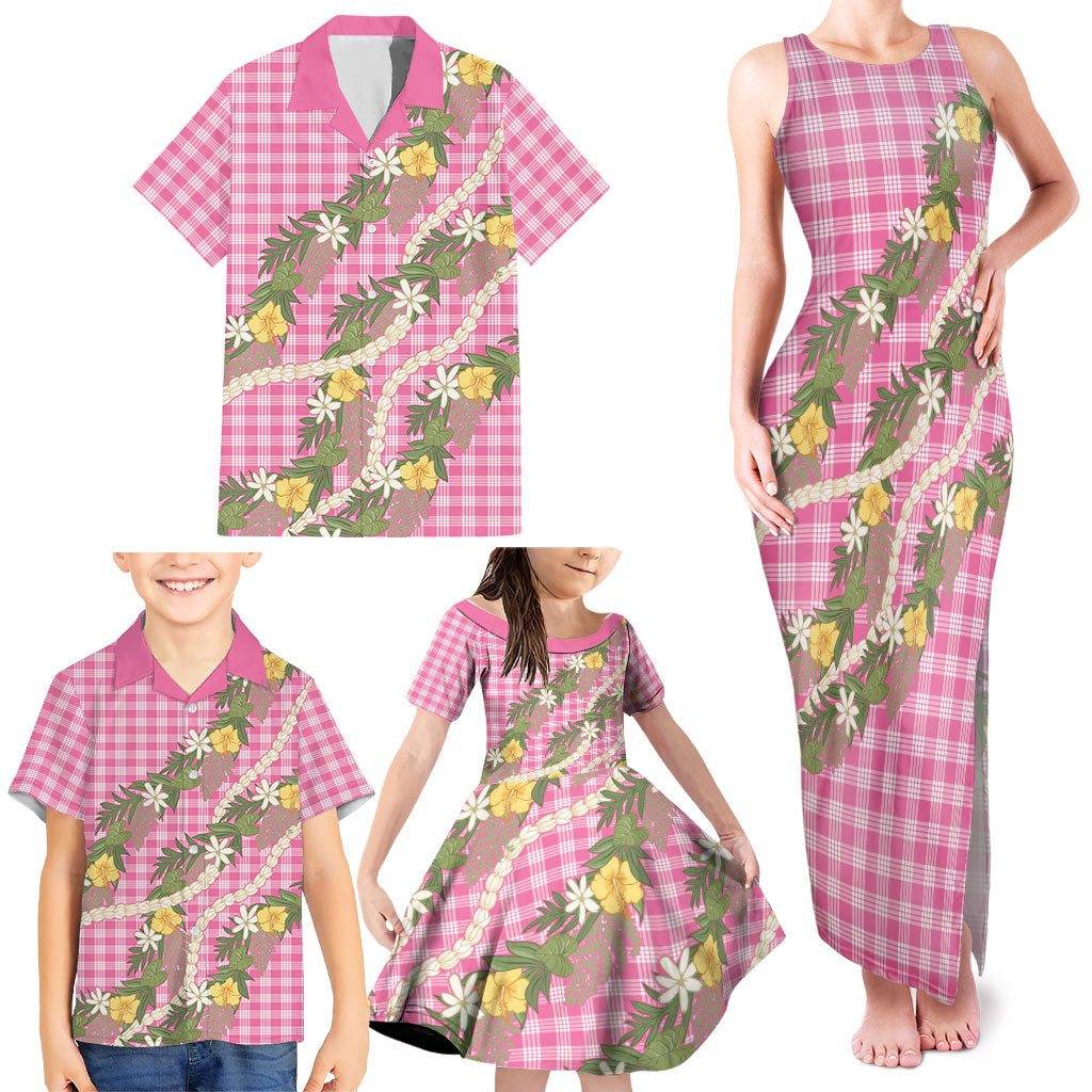Aloha Puakenikeni Anthurium Pikake Lei Family Matching Tank Maxi Dress and Hawaiian Shirt Tropical Pink Hawaiian Palaka Pattern