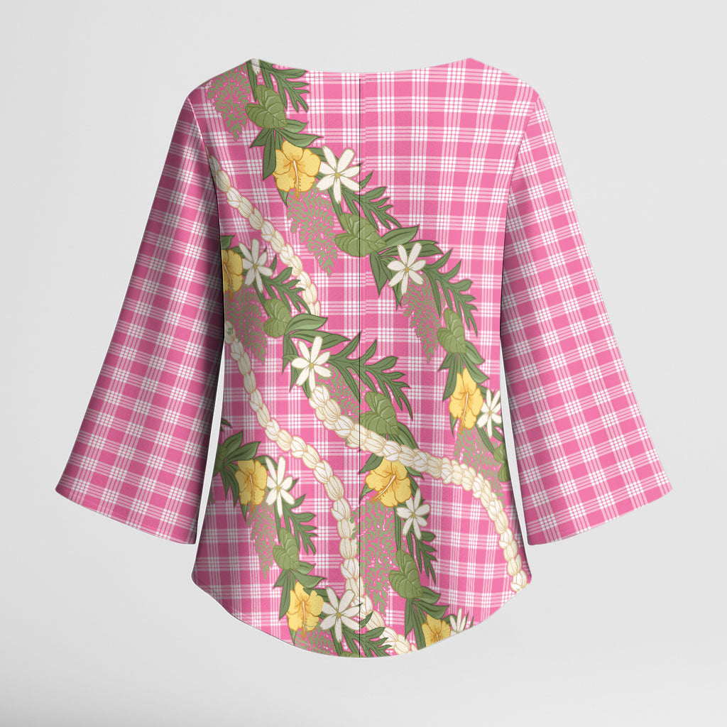 Aloha Puakenikeni Anthurium Pikake Lei Kimono Sleeve Blouse Tropical Pink Hawaiian Palaka Pattern