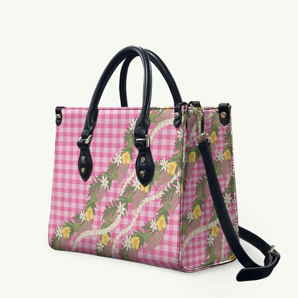 Aloha Puakenikeni Anthurium Pikake Lei Leather Bag Tropical Pink Hawaiian Palaka Pattern
