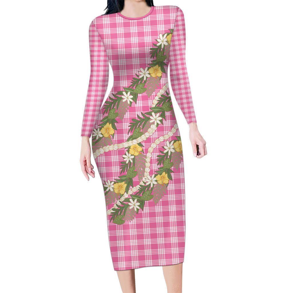 Aloha Puakenikeni Anthurium Pikake Lei Long Sleeve Bodycon Dress Tropical Pink Hawaiian Palaka Pattern