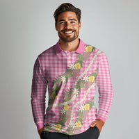 Aloha Puakenikeni Anthurium Pikake Lei Long Sleeve Polo Shirt Tropical Pink Hawaiian Palaka Pattern