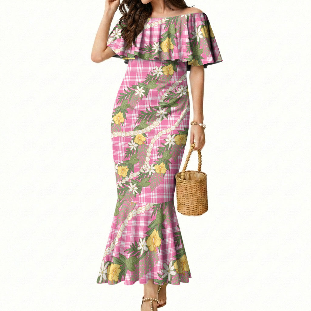 Aloha Puakenikeni Anthurium Pikake Lei Mermaid Dress Tropical Pink Hawaiian Palaka Pattern LT9 Women Pink - Polynesian Pride