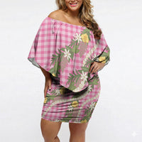 Aloha Puakenikeni Anthurium Pikake Lei Off Shoulder Short Dress Tropical Pink Hawaiian Palaka Pattern LT9 Women Pink - Polynesian Pride