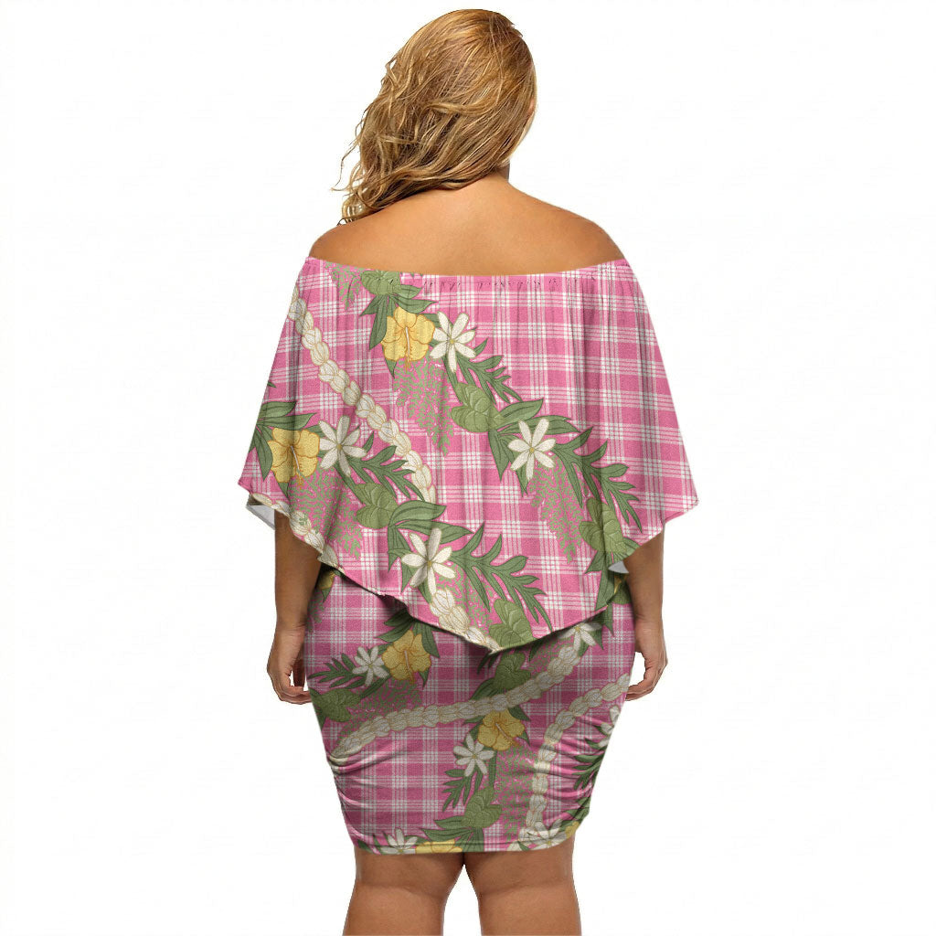 Aloha Puakenikeni Anthurium Pikake Lei Off Shoulder Short Dress Tropical Pink Hawaiian Palaka Pattern LT9 - Polynesian Pride
