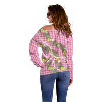 Aloha Puakenikeni Anthurium Pikake Lei Off Shoulder Sweater Tropical Pink Hawaiian Palaka Pattern