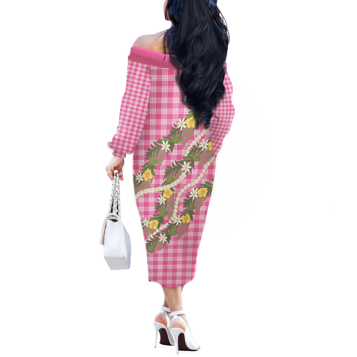 Aloha Puakenikeni Anthurium Pikake Lei Off The Shoulder Long Sleeve Dress Tropical Pink Hawaiian Palaka Pattern