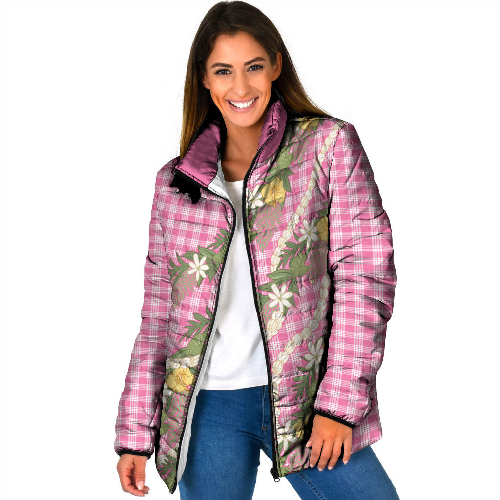 Aloha Puakenikeni Anthurium Pikake Lei Padded Jacket Tropical Pink Hawaiian Palaka Pattern