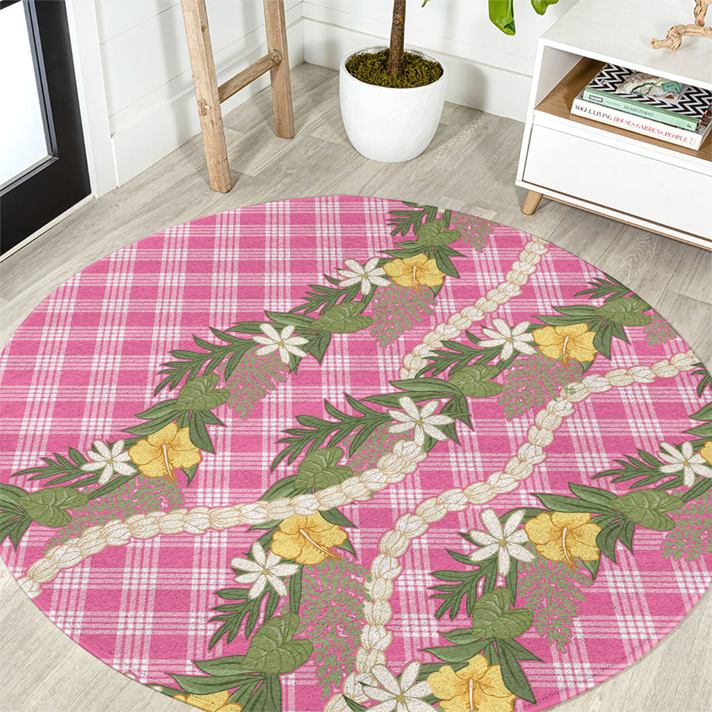 Aloha Puakenikeni Anthurium Pikake Lei Round Carpet Tropical Pink Hawaiian Palaka Pattern