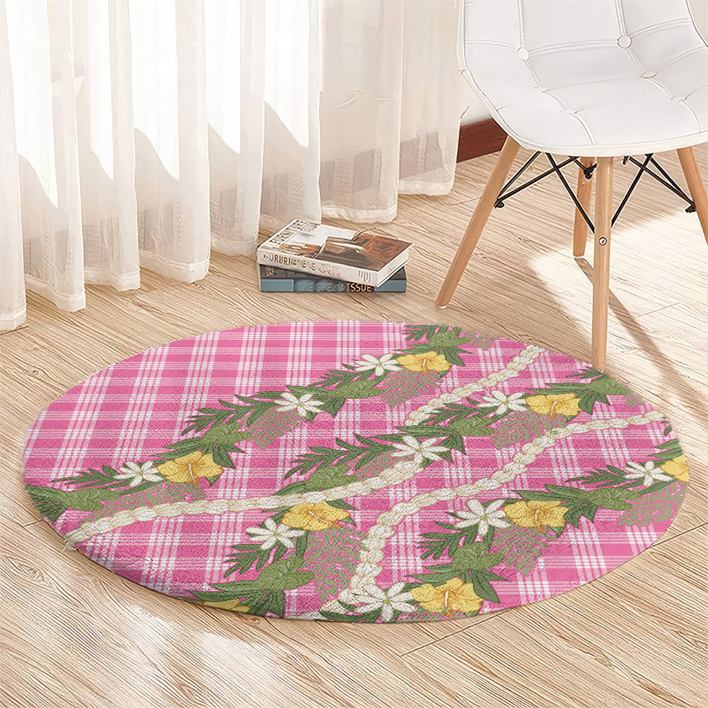 Aloha Puakenikeni Anthurium Pikake Lei Round Carpet Tropical Pink Hawaiian Palaka Pattern