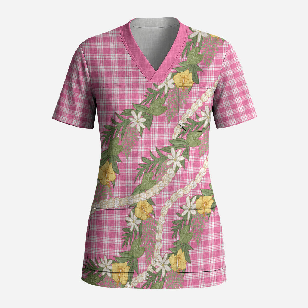 Aloha Puakenikeni Anthurium Pikake Lei Scrub Top Tropical Pink Hawaiian Palaka Pattern LT9 Adult Pink - Polynesian Pride
