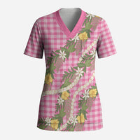 Aloha Puakenikeni Anthurium Pikake Lei Scrub Top Tropical Pink Hawaiian Palaka Pattern LT9 Adult Pink - Polynesian Pride