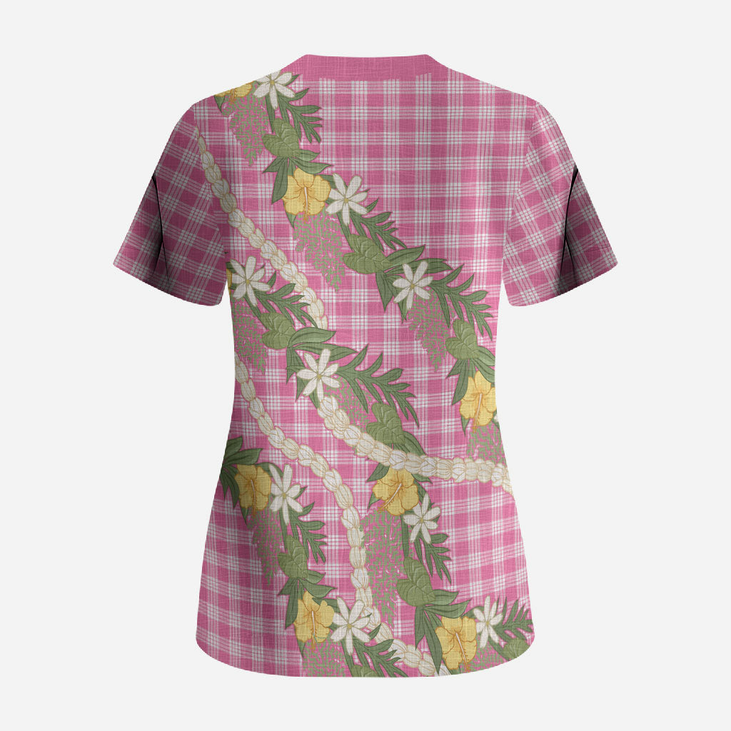 Aloha Puakenikeni Anthurium Pikake Lei Scrub Top Tropical Pink Hawaiian Palaka Pattern LT9 - Polynesian Pride
