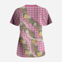 Aloha Puakenikeni Anthurium Pikake Lei Scrub Top Tropical Pink Hawaiian Palaka Pattern LT9 - Polynesian Pride