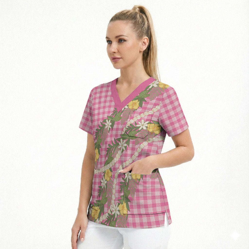 Aloha Puakenikeni Anthurium Pikake Lei Scrub Top Tropical Pink Hawaiian Palaka Pattern LT9 - Polynesian Pride
