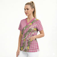 Aloha Puakenikeni Anthurium Pikake Lei Scrub Top Tropical Pink Hawaiian Palaka Pattern LT9 - Polynesian Pride