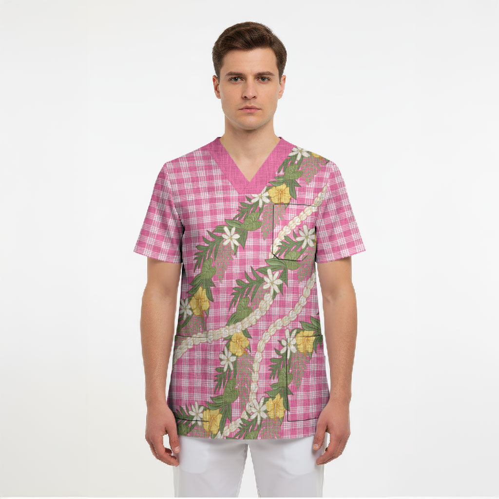 Aloha Puakenikeni Anthurium Pikake Lei Scrub Top Tropical Pink Hawaiian Palaka Pattern LT9 - Polynesian Pride