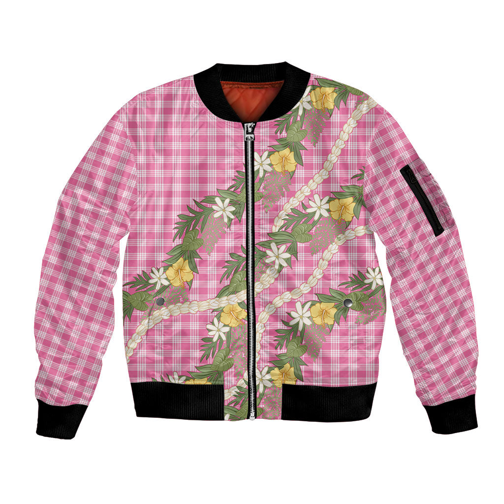 Aloha Puakenikeni Anthurium Pikake Lei Sleeve Zip Bomber Jacket Tropical Pink Hawaiian Palaka Pattern