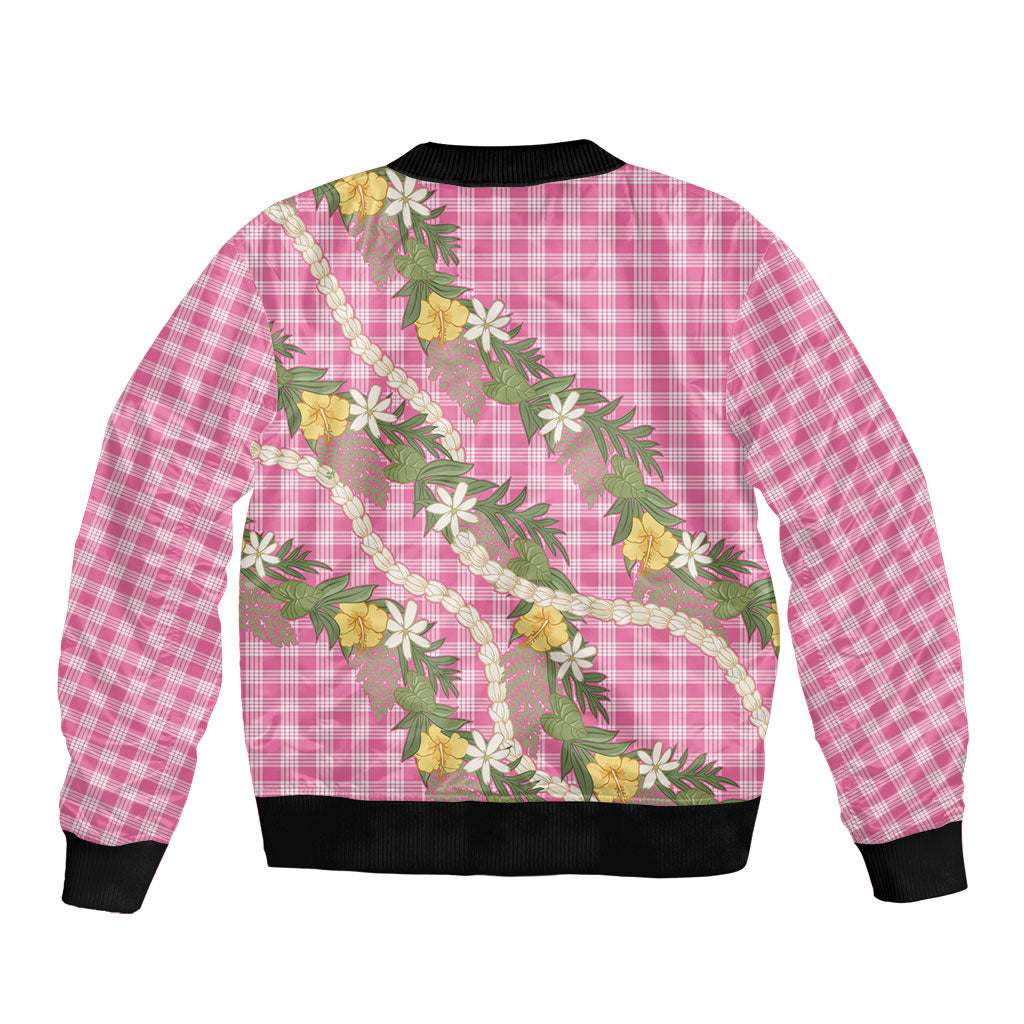 Aloha Puakenikeni Anthurium Pikake Lei Sleeve Zip Bomber Jacket Tropical Pink Hawaiian Palaka Pattern