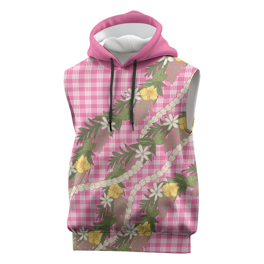 Aloha Puakenikeni Anthurium Pikake Lei Sleeveless Hoodie Tropical Pink Hawaiian Palaka Pattern