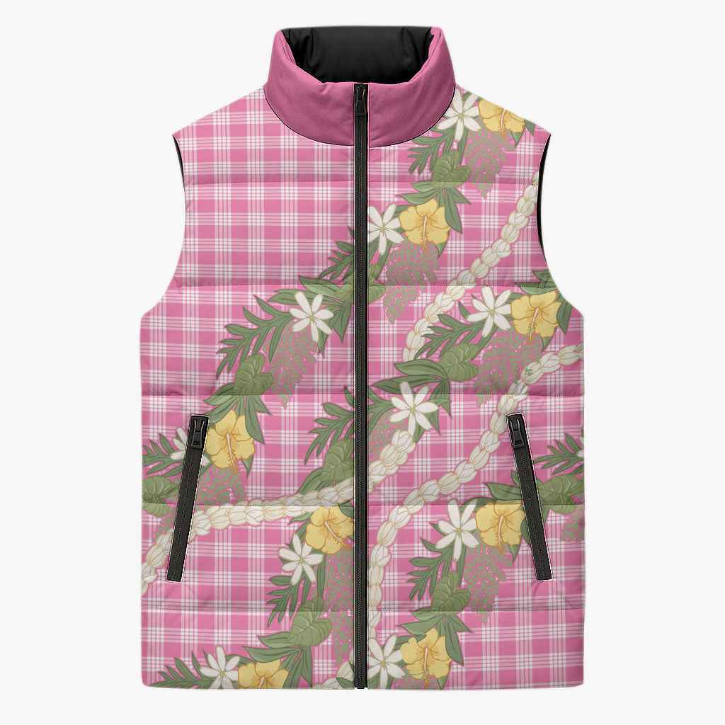 Aloha Puakenikeni Anthurium Pikake Lei Sleeveless Puffer Jacket Tropical Pink Hawaiian Palaka Pattern