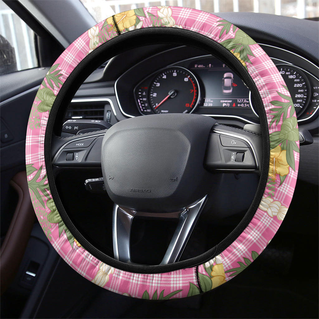 Aloha Puakenikeni Anthurium Pikake Lei Steering Wheel Cover Tropical Pink Hawaiian Palaka Pattern