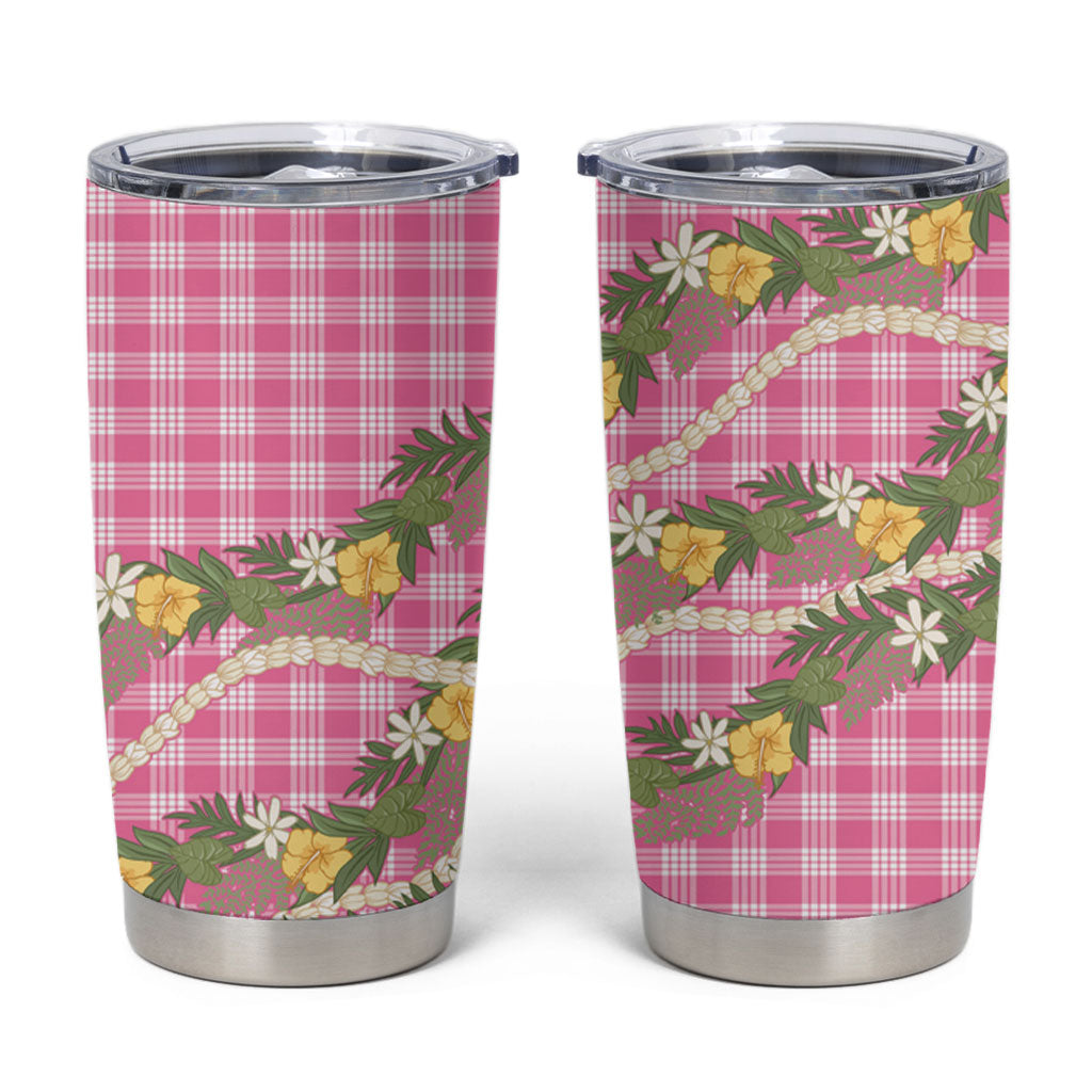 Aloha Puakenikeni Anthurium Pikake Lei Tumbler Cup Tropical Pink Hawaiian Palaka Pattern