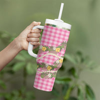 Aloha Puakenikeni Anthurium Pikake Lei Tumbler With Handle Tropical Pink Hawaiian Palaka Pattern