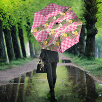Aloha Puakenikeni Anthurium Pikake Lei Umbrella Tropical Pink Hawaiian Palaka Pattern