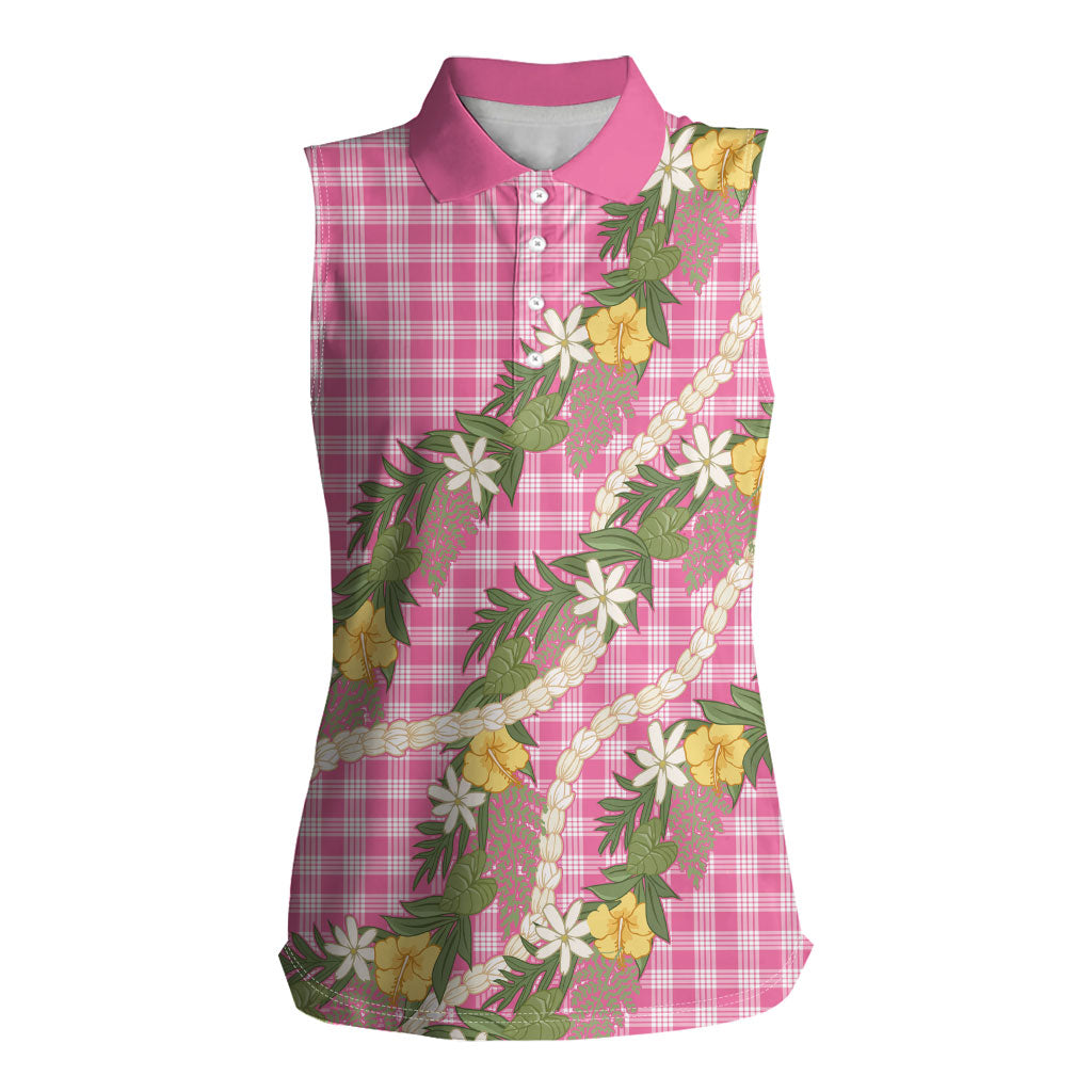 Aloha Puakenikeni Anthurium Pikake Lei Women Sleeveless Polo Shirt Tropical Pink Hawaiian Palaka Pattern