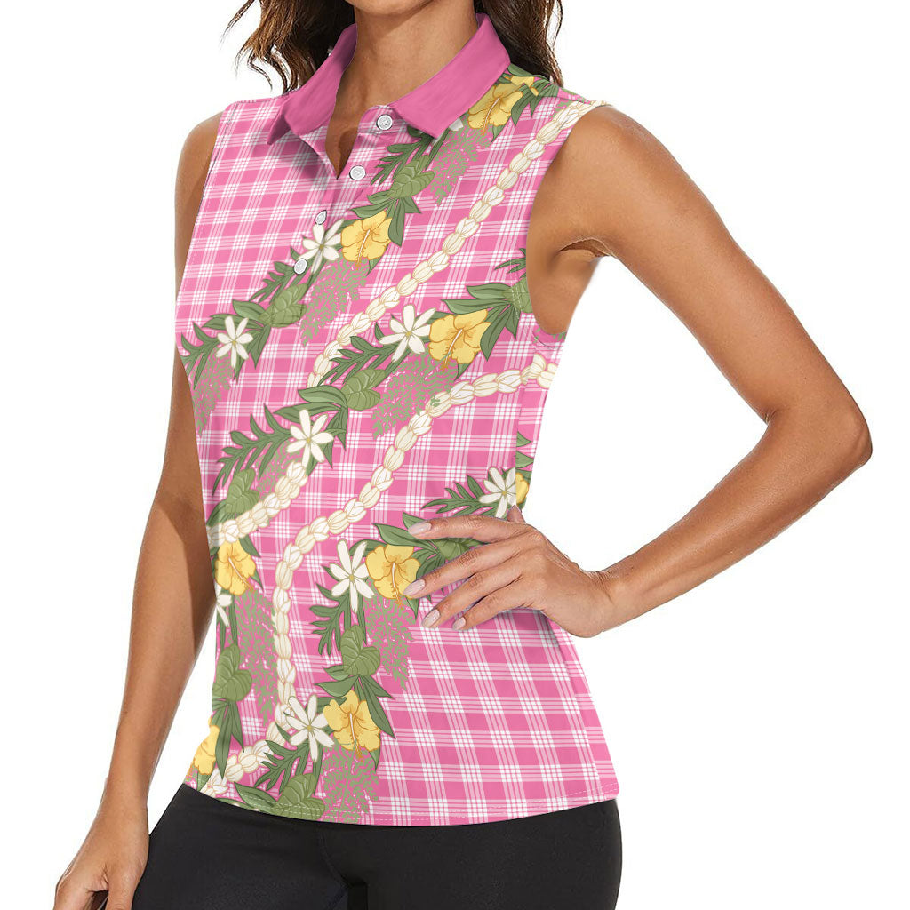 Aloha Puakenikeni Anthurium Pikake Lei Women Sleeveless Polo Shirt Tropical Pink Hawaiian Palaka Pattern