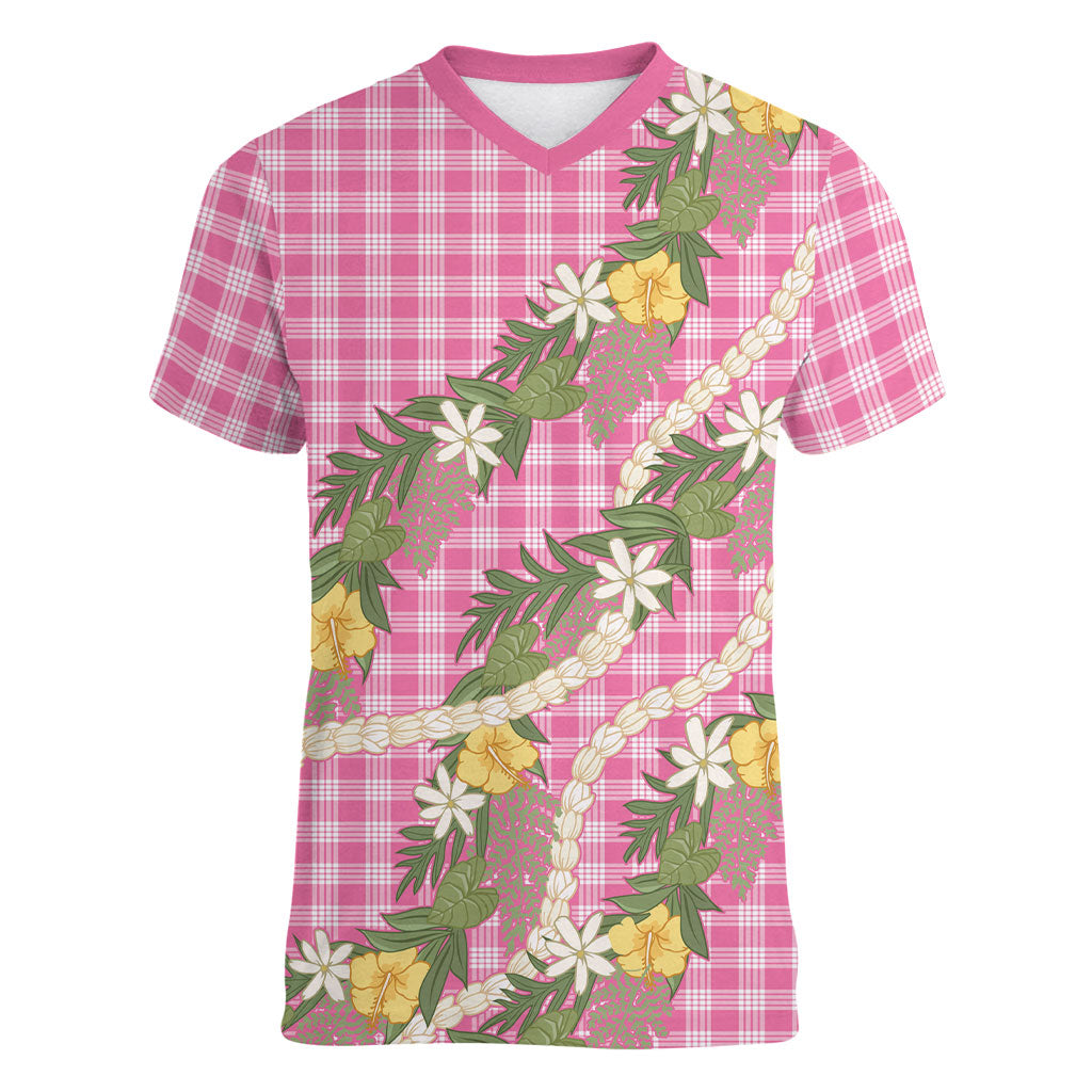 Aloha Puakenikeni Anthurium Pikake Lei Women V-Neck T-Shirt Tropical Pink Hawaiian Palaka Pattern