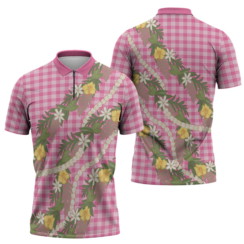 Aloha Puakenikeni Anthurium Pikake Lei Zipper Polo Shirt Tropical Pink Hawaiian Palaka Pattern