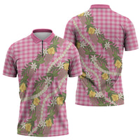 Aloha Puakenikeni Anthurium Pikake Lei Zipper Polo Shirt Tropical Pink Hawaiian Palaka Pattern