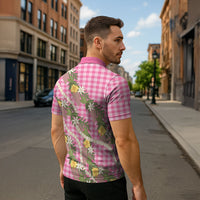 Aloha Puakenikeni Anthurium Pikake Lei Zipper Polo Shirt Tropical Pink Hawaiian Palaka Pattern