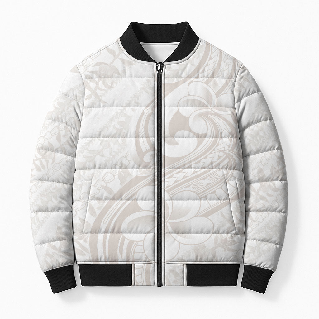 Hawaii Plumeria Lokelani Pikake Lei Bomber Puffer Jacket Sandy Beige Polynesian Tattoo