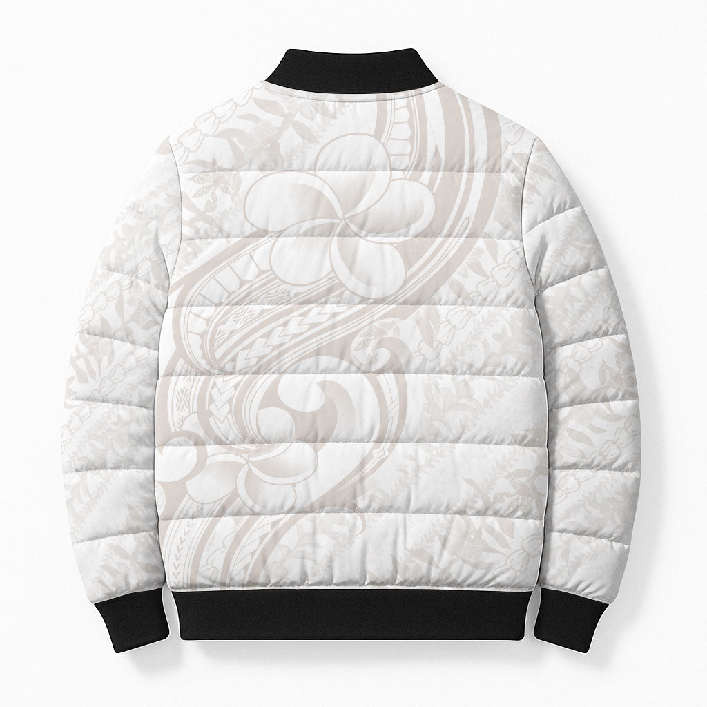 Hawaii Plumeria Lokelani Pikake Lei Bomber Puffer Jacket Sandy Beige Polynesian Tattoo